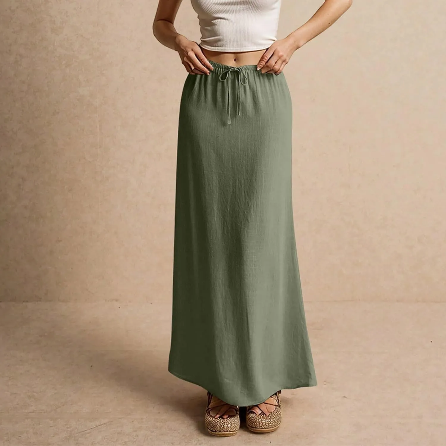 Maxi Skirts for Women Summer Flowy Linen Skirt A-line Elastic Waist Drawstring Low Rise Floor Ankle Length Long Skirts