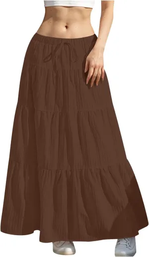 Maxi Skirts for Women Trendy Tiered A-Line Long Skirt Drawstring Elastic Waist Pleated Boho Casual Loose Clothes 2025