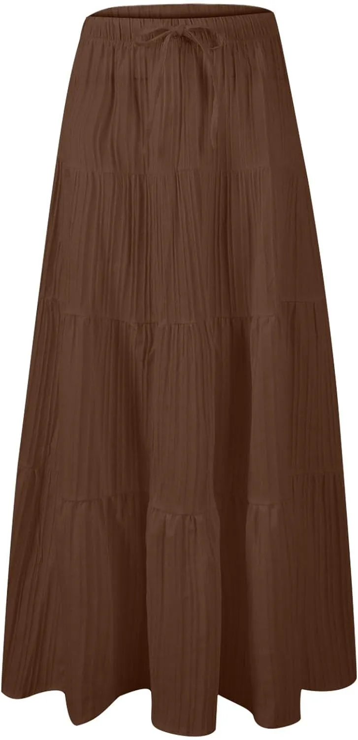Maxi Skirts for Women Trendy Tiered A-Line Long Skirt Drawstring Elastic Waist Pleated Boho Casual Loose Clothes 2025