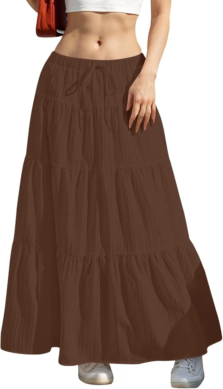 Maxi Skirts for Women Trendy Tiered A-Line Long Skirt Drawstring Elastic Waist Pleated Boho Casual Loose Clothes 2025