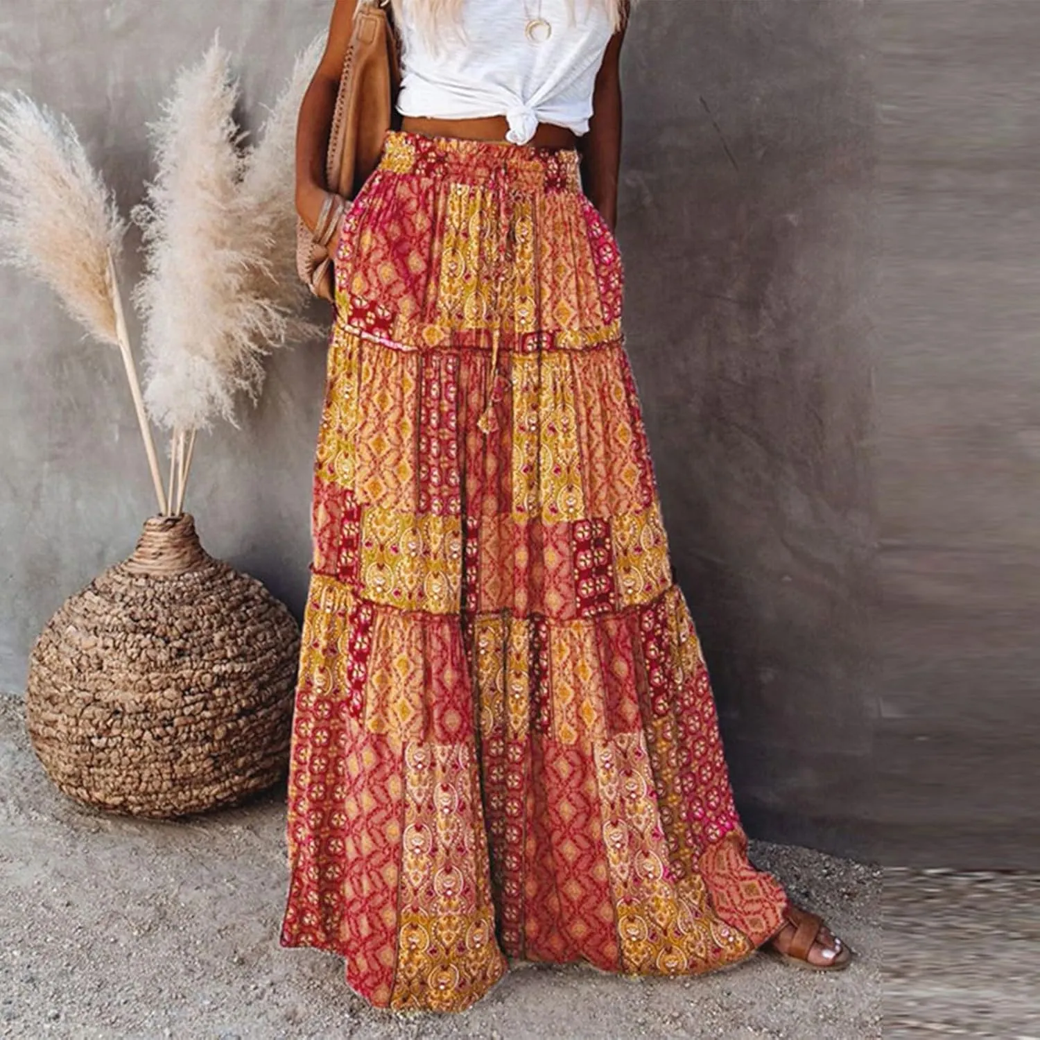 Maxi Skirts,Pleated Flowy Long Skirts for Women 2025 High Waisted Womens Boho Maxi Skirt with Pockets Trendy