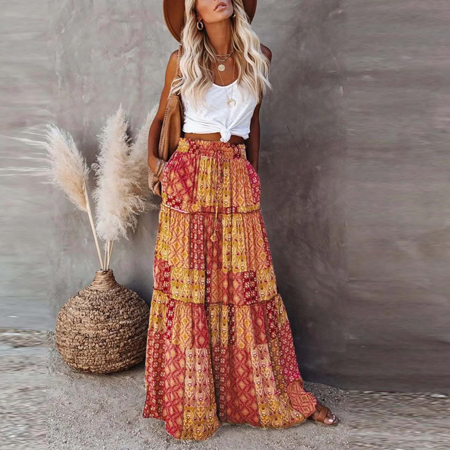 Maxi Skirts,Pleated Flowy Long Skirts for Women 2025 High Waisted Womens Boho Maxi Skirt with Pockets Trendy