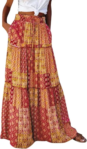 Maxi Skirts,Pleated Flowy Long Skirts for Women 2025 High Waisted Womens Boho Maxi Skirt with Pockets Trendy