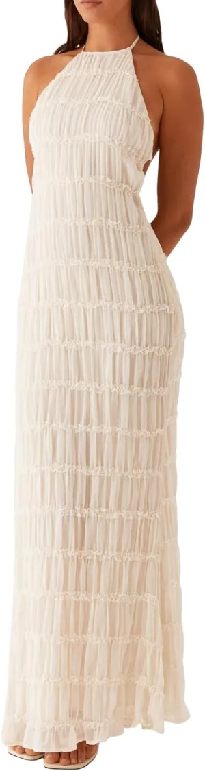 Meiweileya Women Spaghetti Strap Maxi Dress Smocked Drop Waist Long Dresses Backless Tiered Flowy Sundress Summer Beach 2025