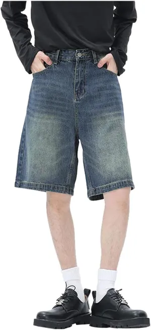 Men Loose Fit Denim Shorts Baggy Summer Casual Wide Leg Long Jean Jorts Hip Hop Shorts Streetwear with Pockets