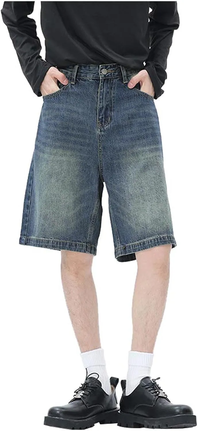 Men Loose Fit Denim Shorts Baggy Summer Casual Wide Leg Long Jean Jorts Hip Hop Shorts Streetwear with Pockets