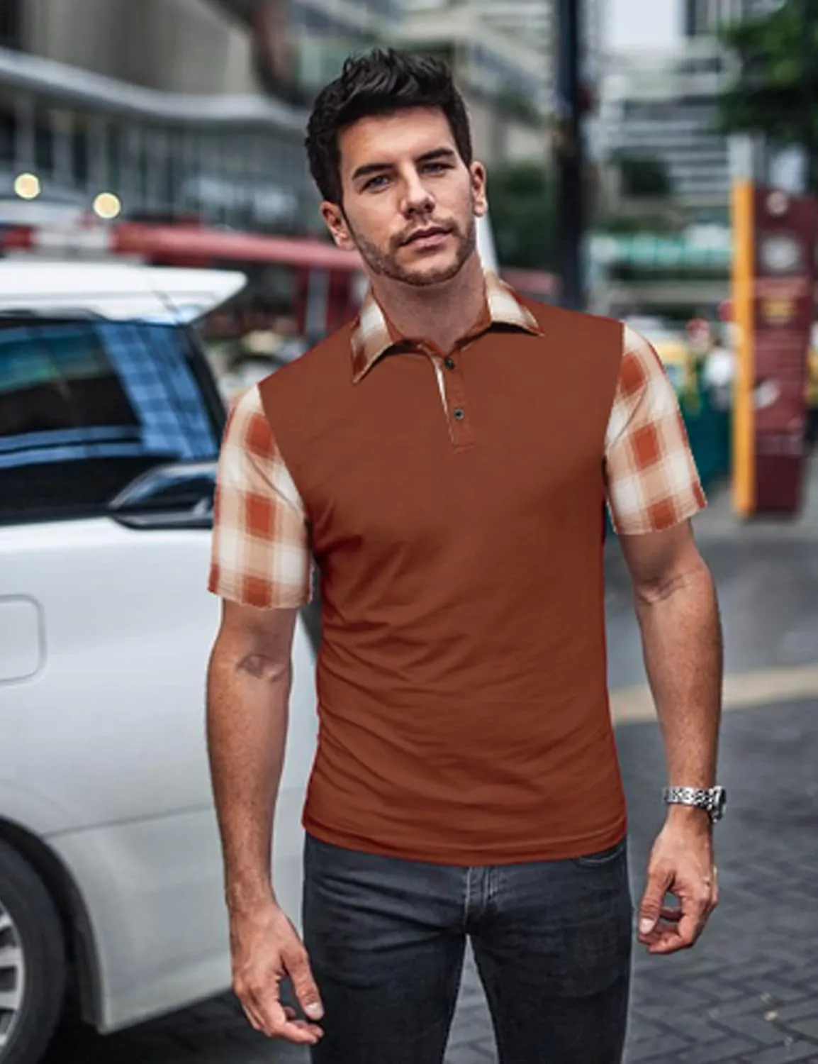 Men's Casual Short Sleeve Polo Shirt Classic Plaid Collar Slim Fit T-Shirt