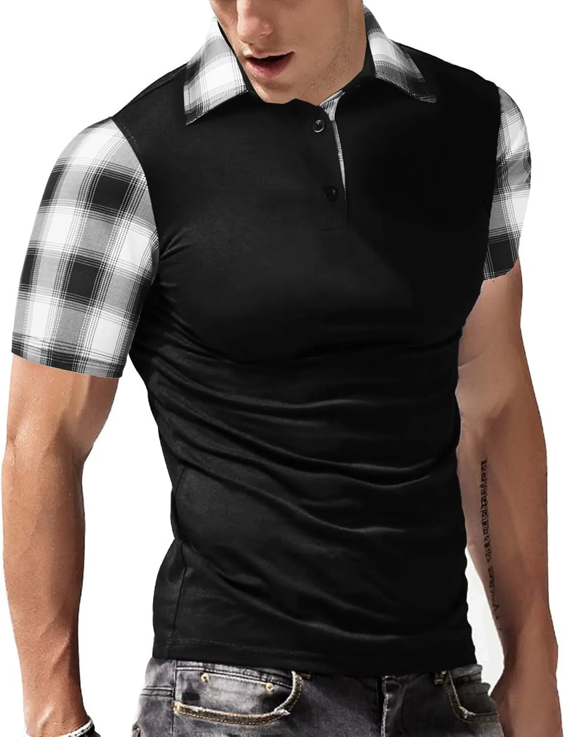 Men's Casual Short Sleeve Polo Shirt Classic Plaid Collar Slim Fit T-Shirt