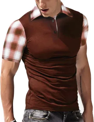 Men's Casual Short Sleeve Polo Shirt Classic Plaid Collar Slim Fit T-Shirt