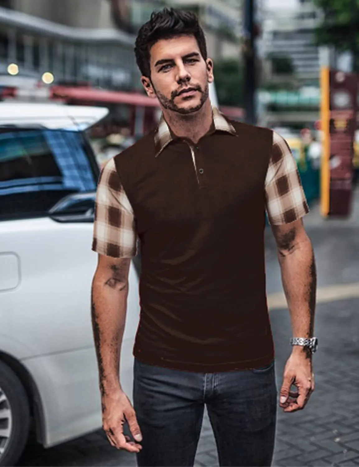 Men's Casual Short Sleeve Polo Shirt Classic Plaid Collar Slim Fit T-Shirt
