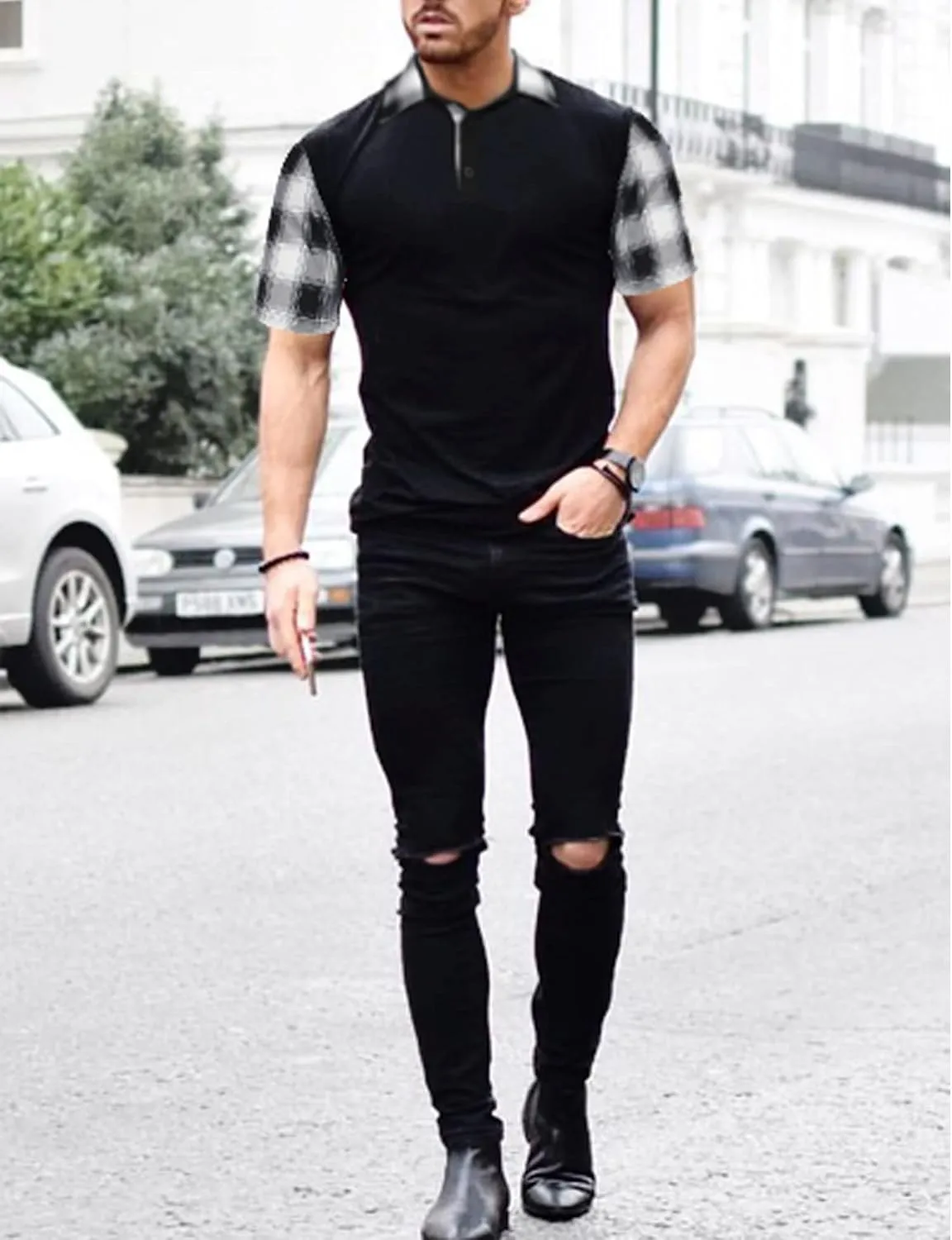 Men's Casual Short Sleeve Polo Shirt Classic Plaid Collar Slim Fit T-Shirt