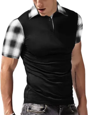 Men's Casual Short Sleeve Polo Shirt Classic Plaid Collar Slim Fit T-Shirt