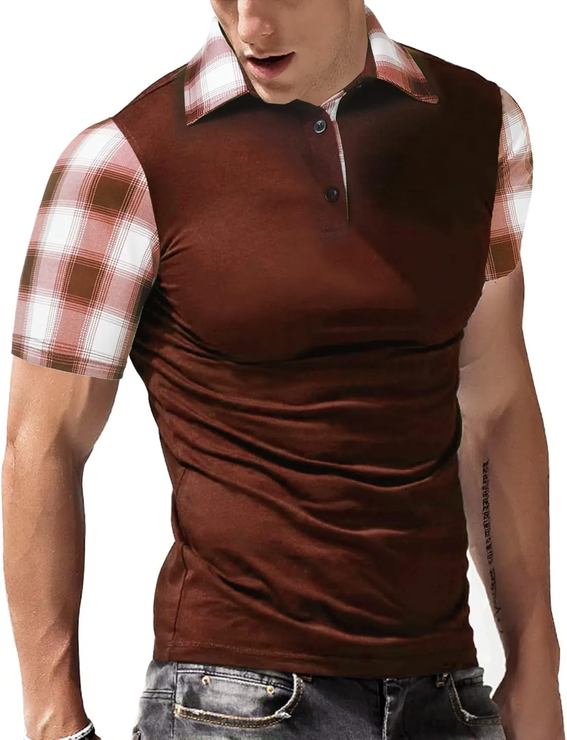 Men's Casual Short Sleeve Polo Shirt Classic Plaid Collar Slim Fit T-Shirt