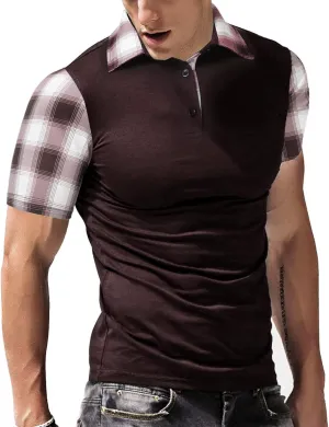 Men's Casual Short Sleeve Polo Shirt Classic Plaid Collar Slim Fit T-Shirt