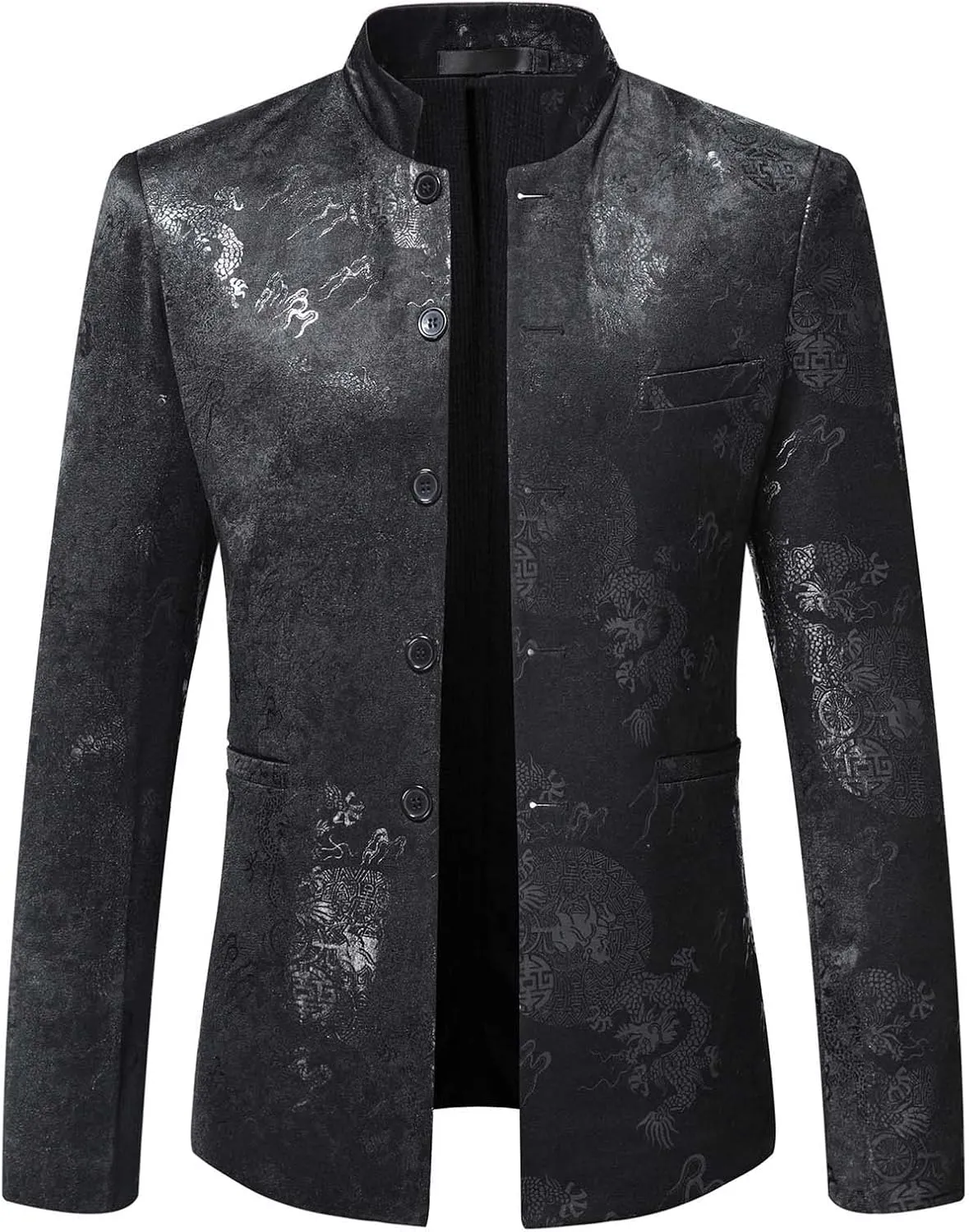 Men's Chinese Dragon Print Tunic Suit Mandarin Collar Slim Fit Suit Jacket Front Button Blazer Traditional Uniform