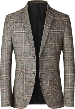 Men's Classic Fit Plaid Casual Blazer Jacket Cotton Notched Lapel Two Button Suits Coats Striped Business Blazers