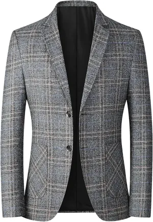 Men's Classic Fit Plaid Casual Blazer Jacket Cotton Notched Lapel Two Button Suits Coats Striped Business Blazers