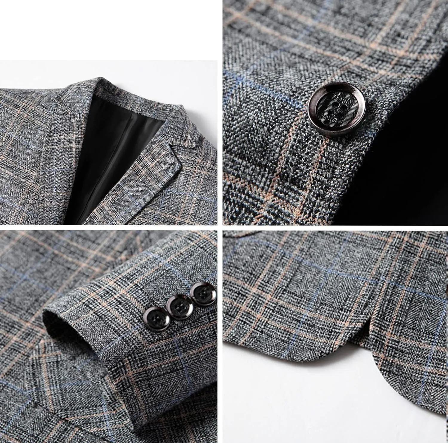 Men's Classic Fit Plaid Casual Blazer Jacket Cotton Notched Lapel Two Button Suits Coats Striped Business Blazers