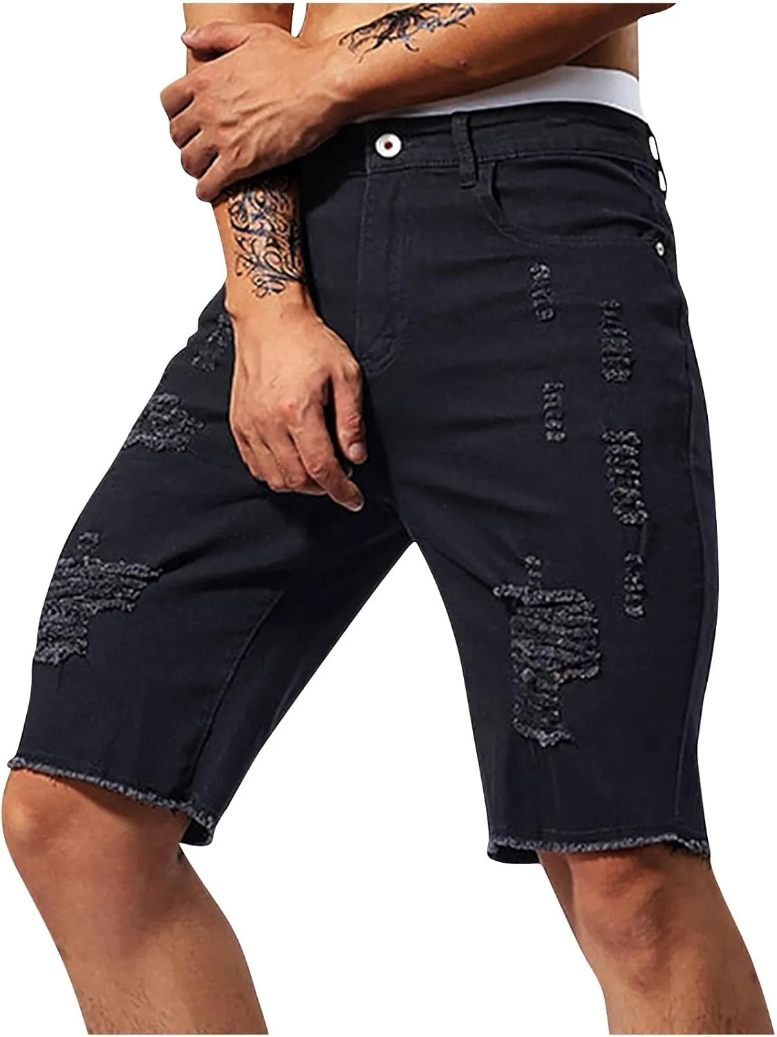 Mens Demin Shorts Casual Raw Trim Slim Fit Ripped Distressed Jean Shorts Y2K Hip Hop Fashion Grunge Denim Bottom