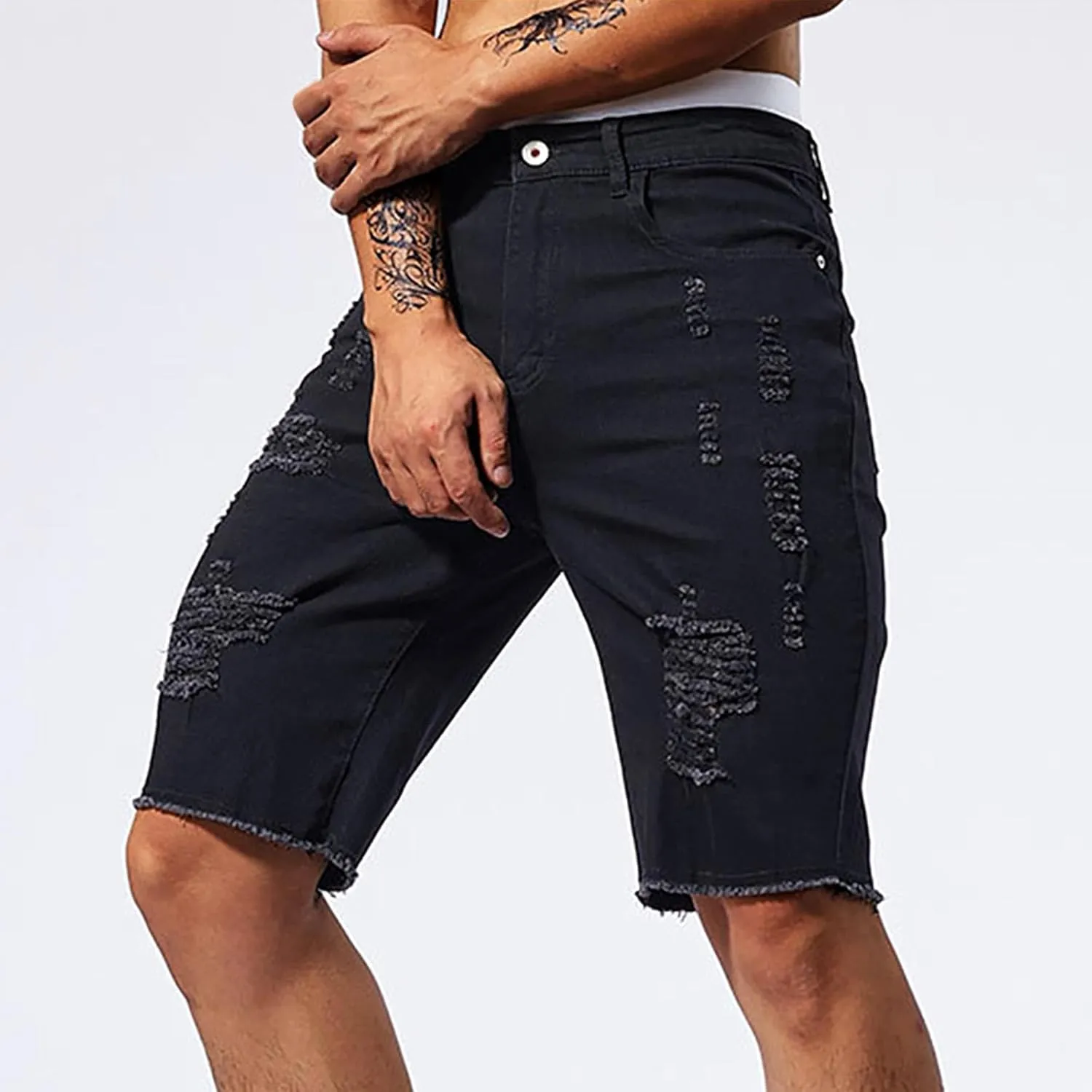 Mens Demin Shorts Casual Raw Trim Slim Fit Ripped Distressed Jean Shorts Y2K Hip Hop Fashion Grunge Denim Bottom