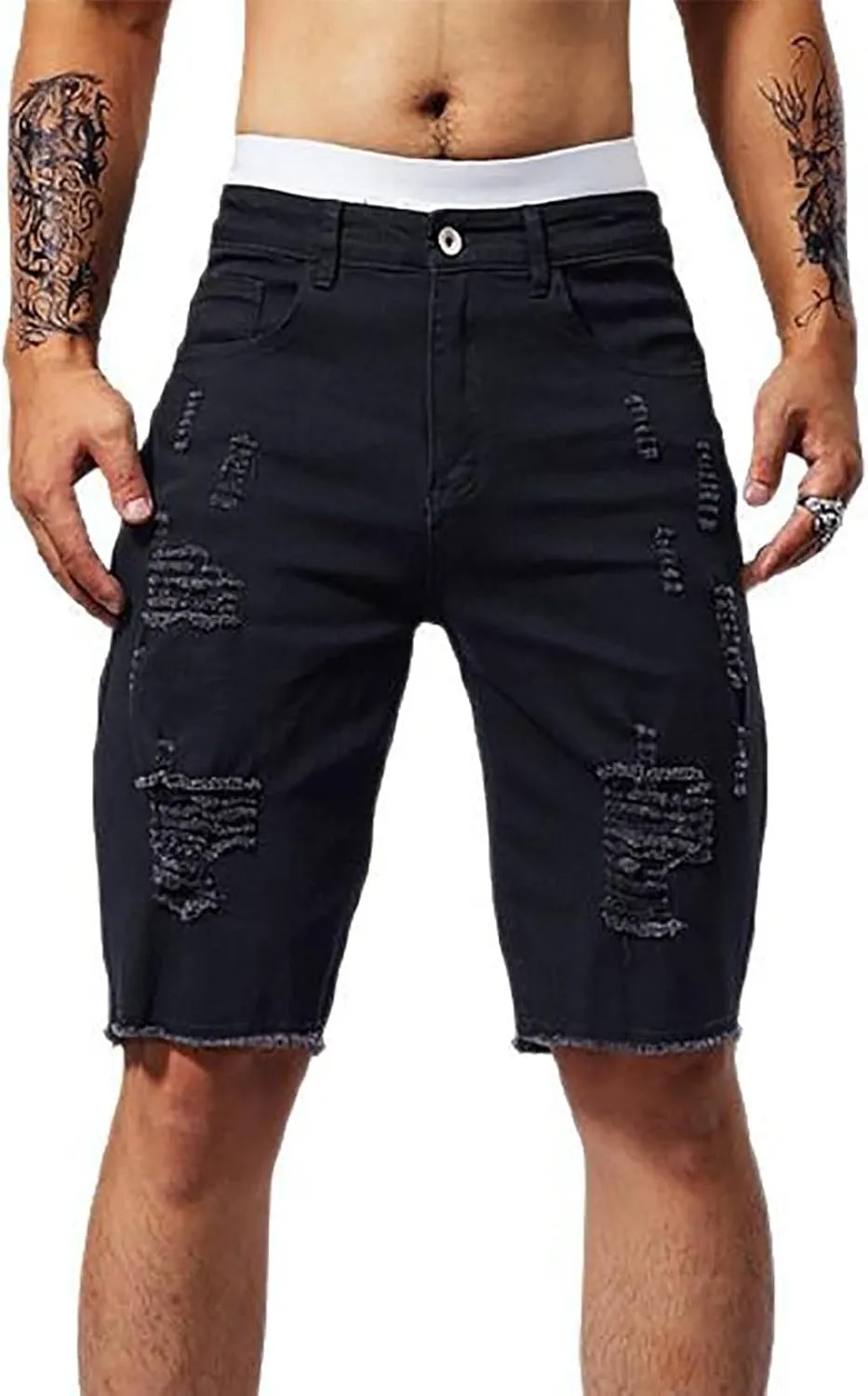 Mens Demin Shorts Casual Raw Trim Slim Fit Ripped Distressed Jean Shorts Y2K Hip Hop Fashion Grunge Denim Bottom
