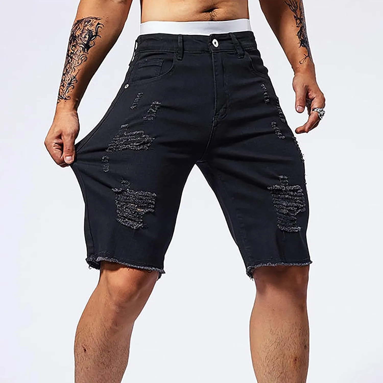 Mens Demin Shorts Casual Raw Trim Slim Fit Ripped Distressed Jean Shorts Y2K Hip Hop Fashion Grunge Denim Bottom