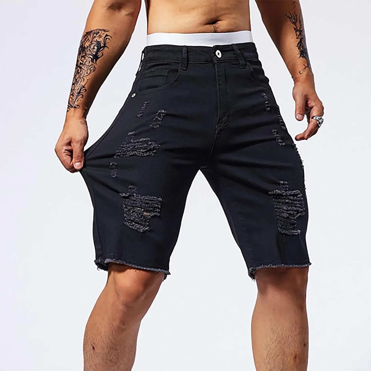 Mens Demin Shorts Casual Raw Trim Slim Fit Ripped Distressed Jean Shorts Y2K Hip Hop Fashion Grunge Denim Bottom