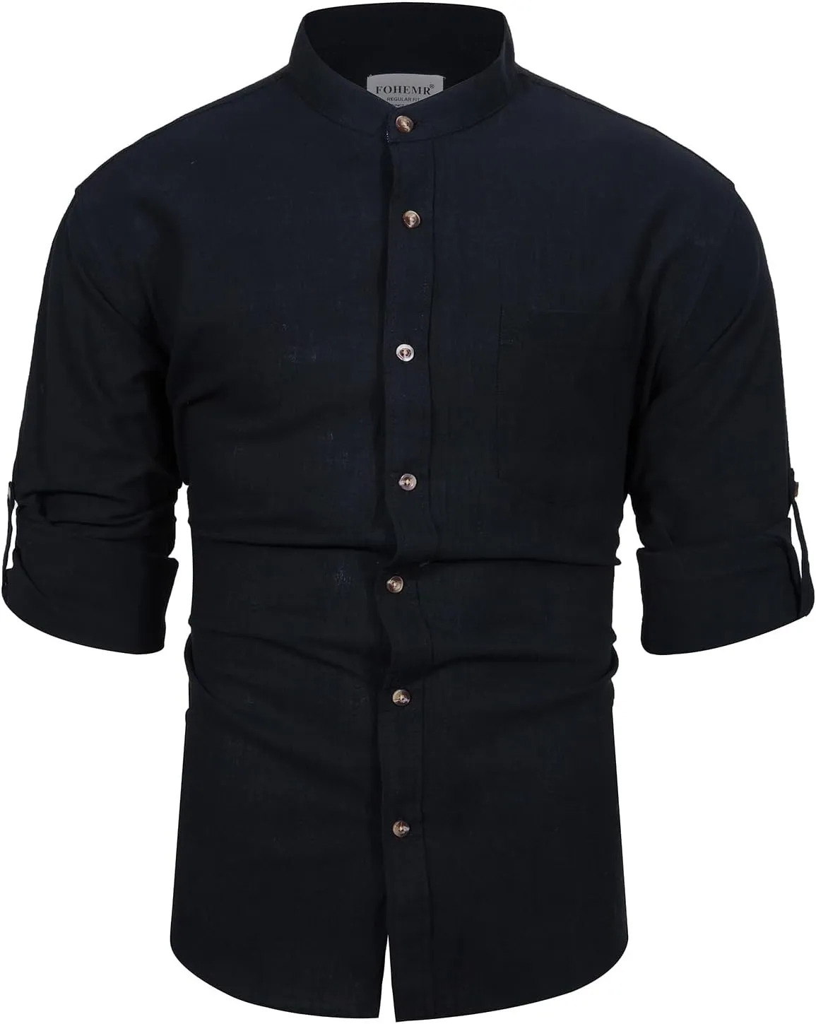 Mens Long Sleeve Cotton Linen Shirt Button Down Beach Band Collar Casual Shirt Button Up Summer Shirt Tops with Pocket