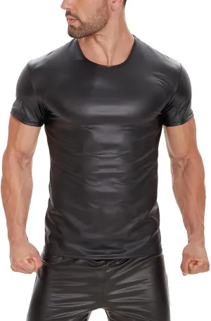 Men's PU Leather T-Shirt Latex Black Short Sleeve Shirt Wetlook Tshirt Tops,Round Neck