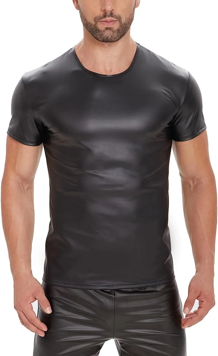 Men's PU Leather T-Shirt Latex Black Short Sleeve Shirt Wetlook Tshirt Tops,Round Neck