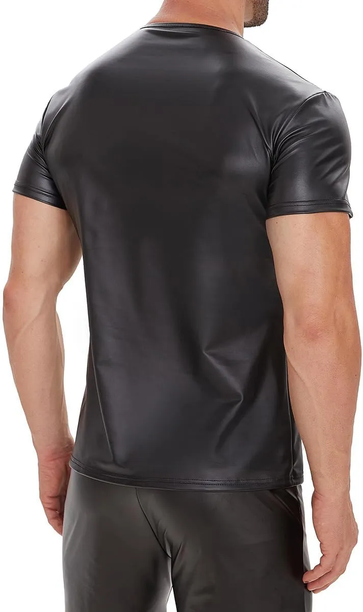 Men's PU Leather T-Shirt Latex Black Short Sleeve Shirt Wetlook Tshirt Tops,Round Neck
