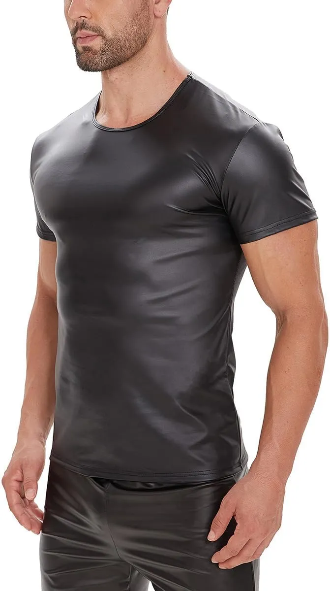 Men's PU Leather T-Shirt Latex Black Short Sleeve Shirt Wetlook Tshirt Tops,Round Neck