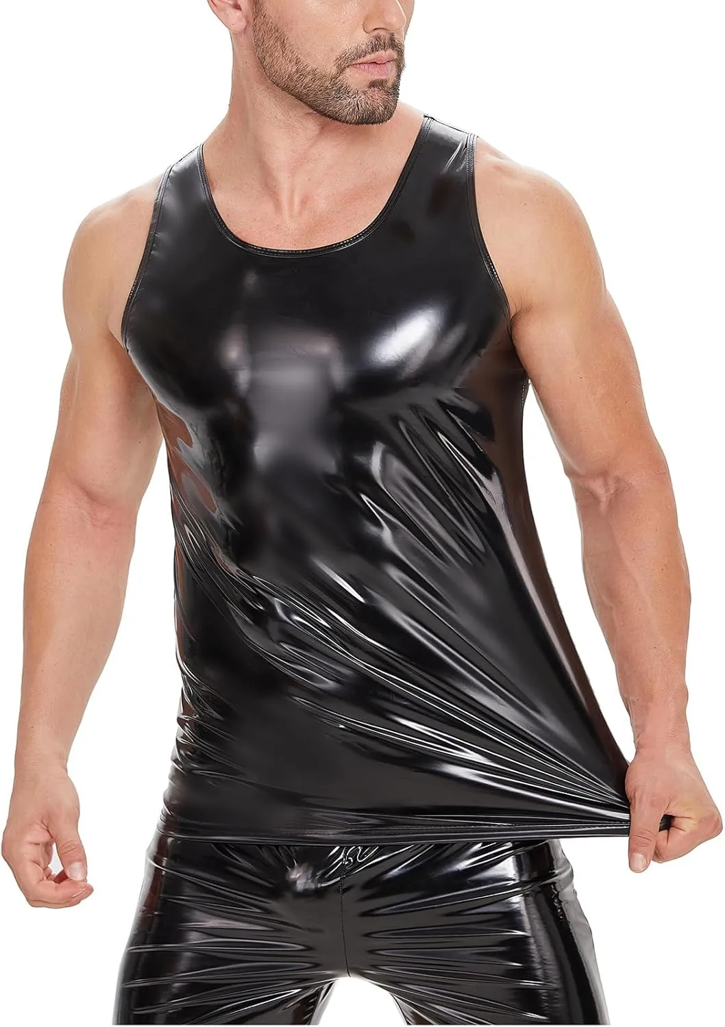Men's Sexy Leather T-Shirt Vest,Shiny Black Tight Sleeveless Shirt Wetlook Tank Tops