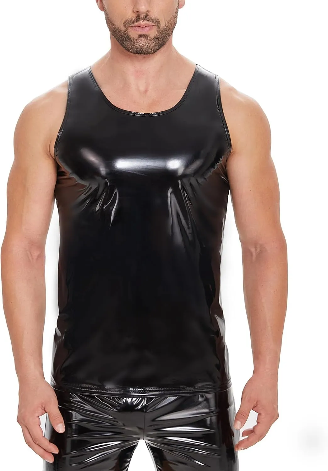 Men's Sexy Leather T-Shirt Vest,Shiny Black Tight Sleeveless Shirt Wetlook Tank Tops