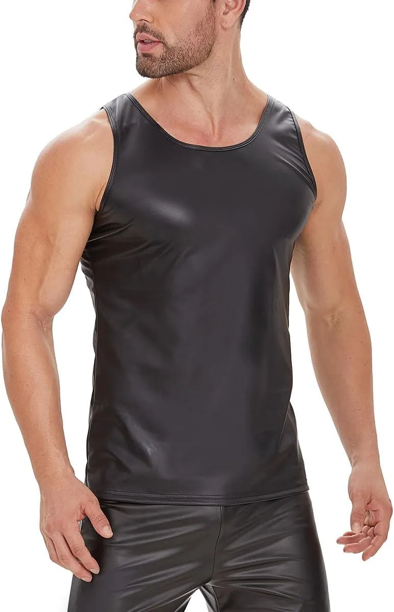 Men's Sexy Leather T-Shirt Vest,Shiny Black Tight Sleeveless Shirt Wetlook Tank Tops