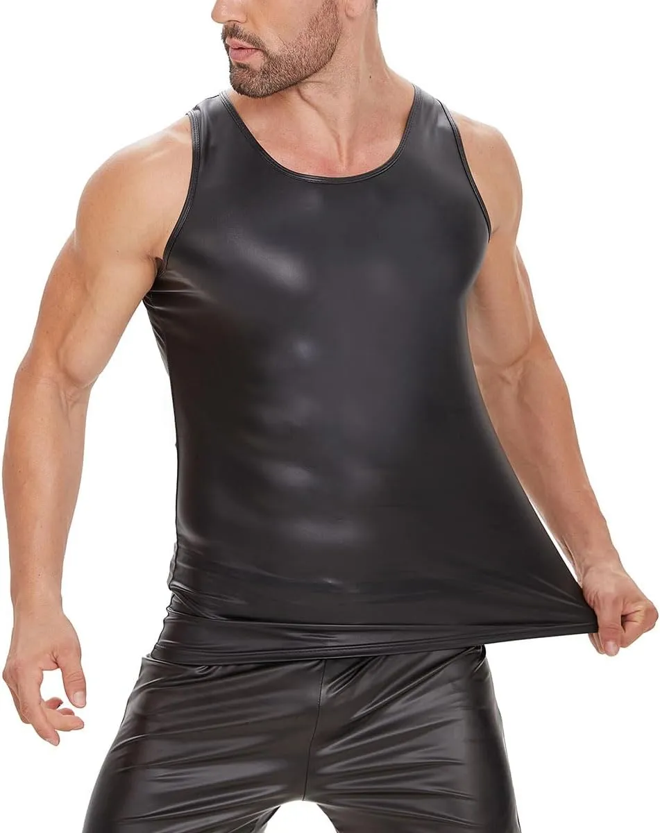 Men's Sexy Leather T-Shirt Vest,Shiny Black Tight Sleeveless Shirt Wetlook Tank Tops
