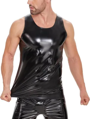 Men's Sexy Leather T-Shirt Vest,Shiny Black Tight Sleeveless Shirt Wetlook Tank Tops