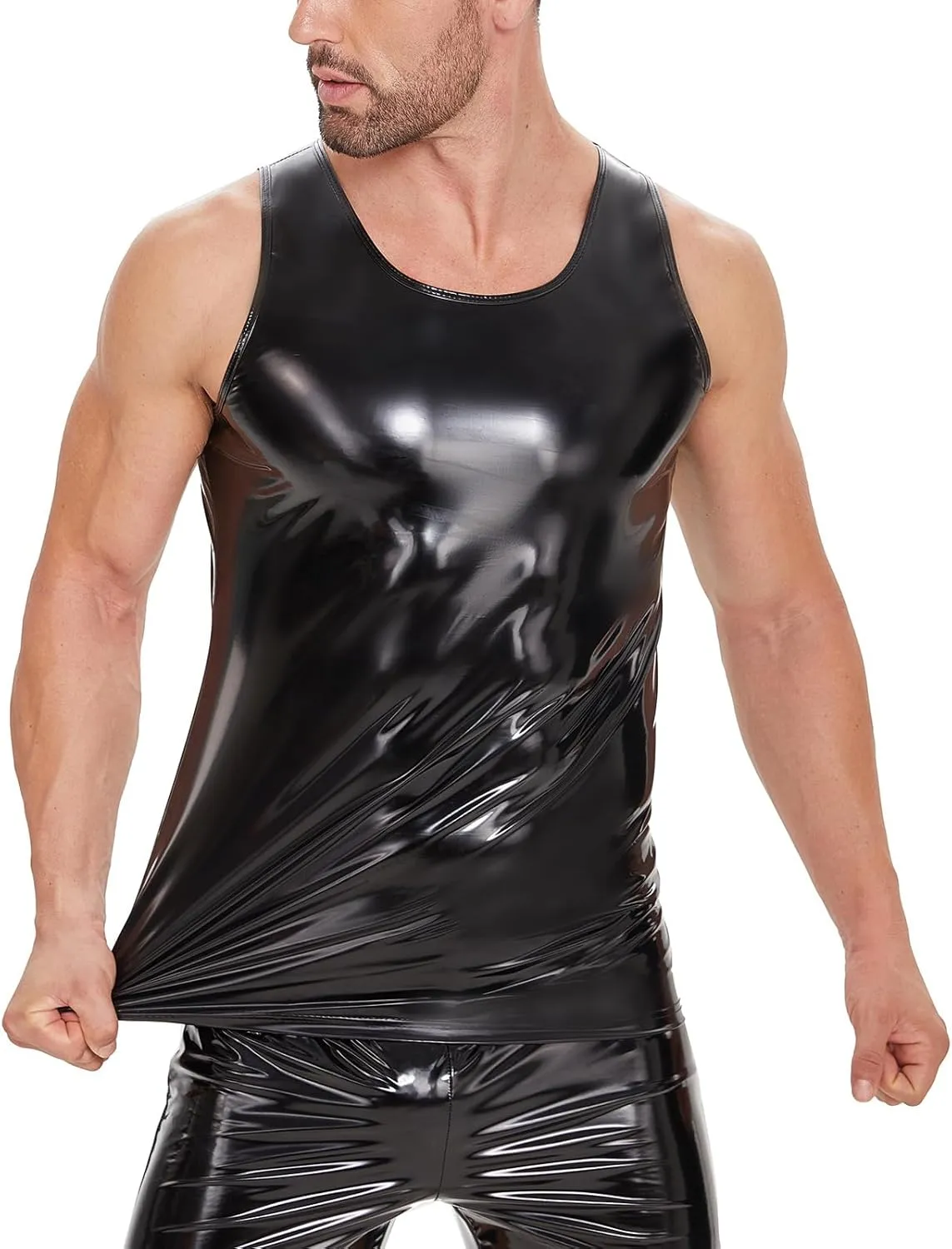 Men's Sexy Leather T-Shirt Vest,Shiny Black Tight Sleeveless Shirt Wetlook Tank Tops