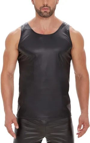 Men's Sexy Leather T-Shirt Vest,Shiny Black Tight Sleeveless Shirt Wetlook Tank Tops