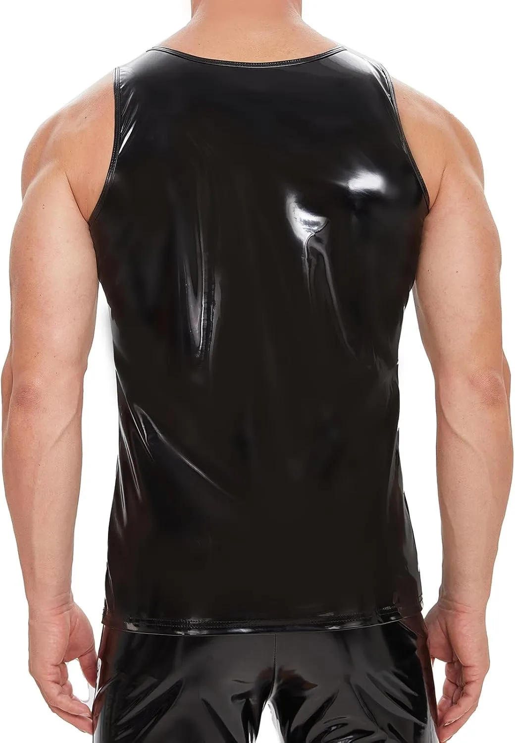 Men's Sexy Leather T-Shirt Vest,Shiny Black Tight Sleeveless Shirt Wetlook Tank Tops