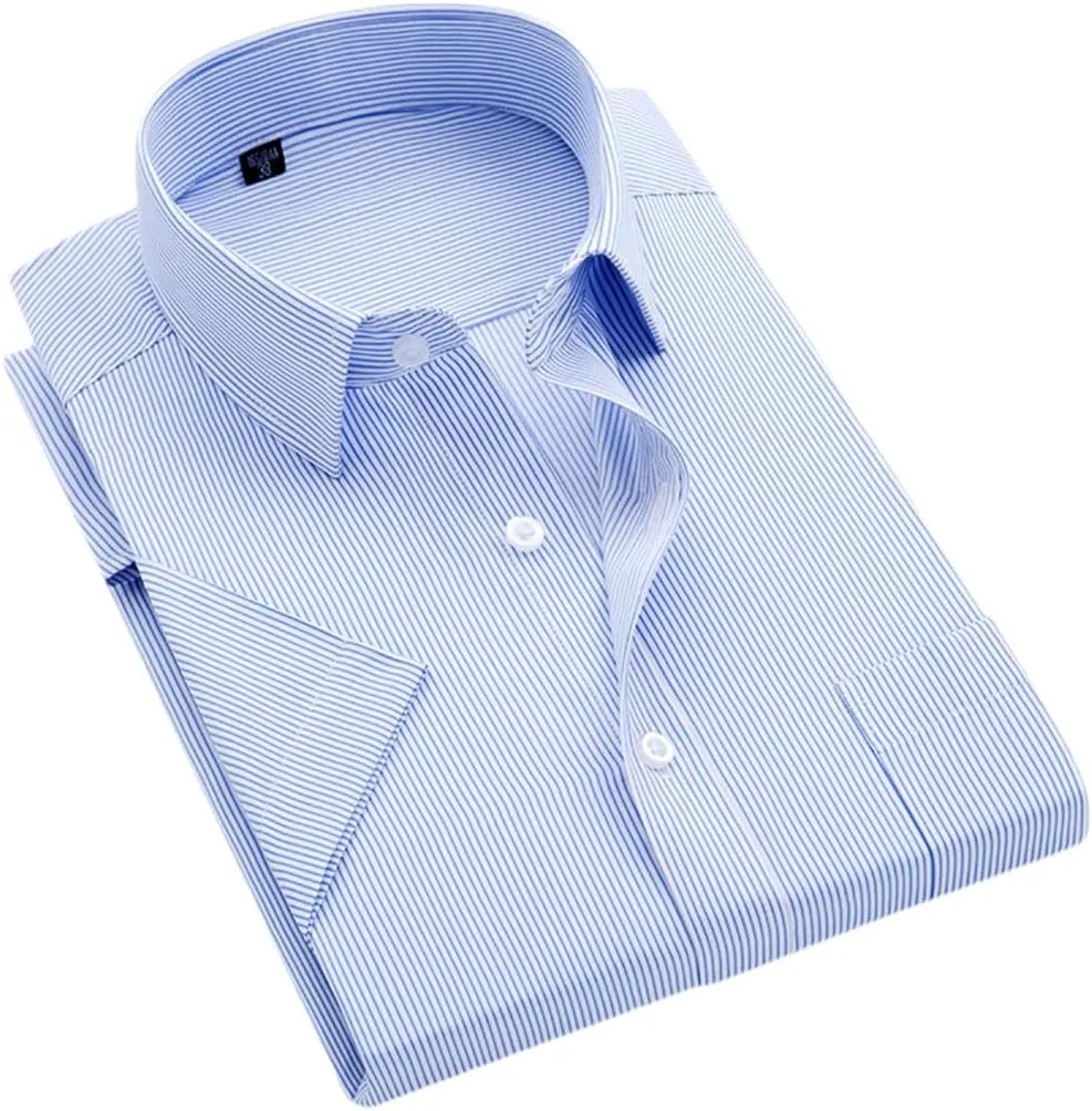 Men's Solid Color Striped Dress Shirt Single Breasted Lapel Wrinkle Resistant Shirt D997 M