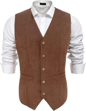 Men's Suede Leather Suit Vest V Neck Cowboy Vest Vintage 5 Snaps Western Vests Casual Waistcoat for Wedding Prom