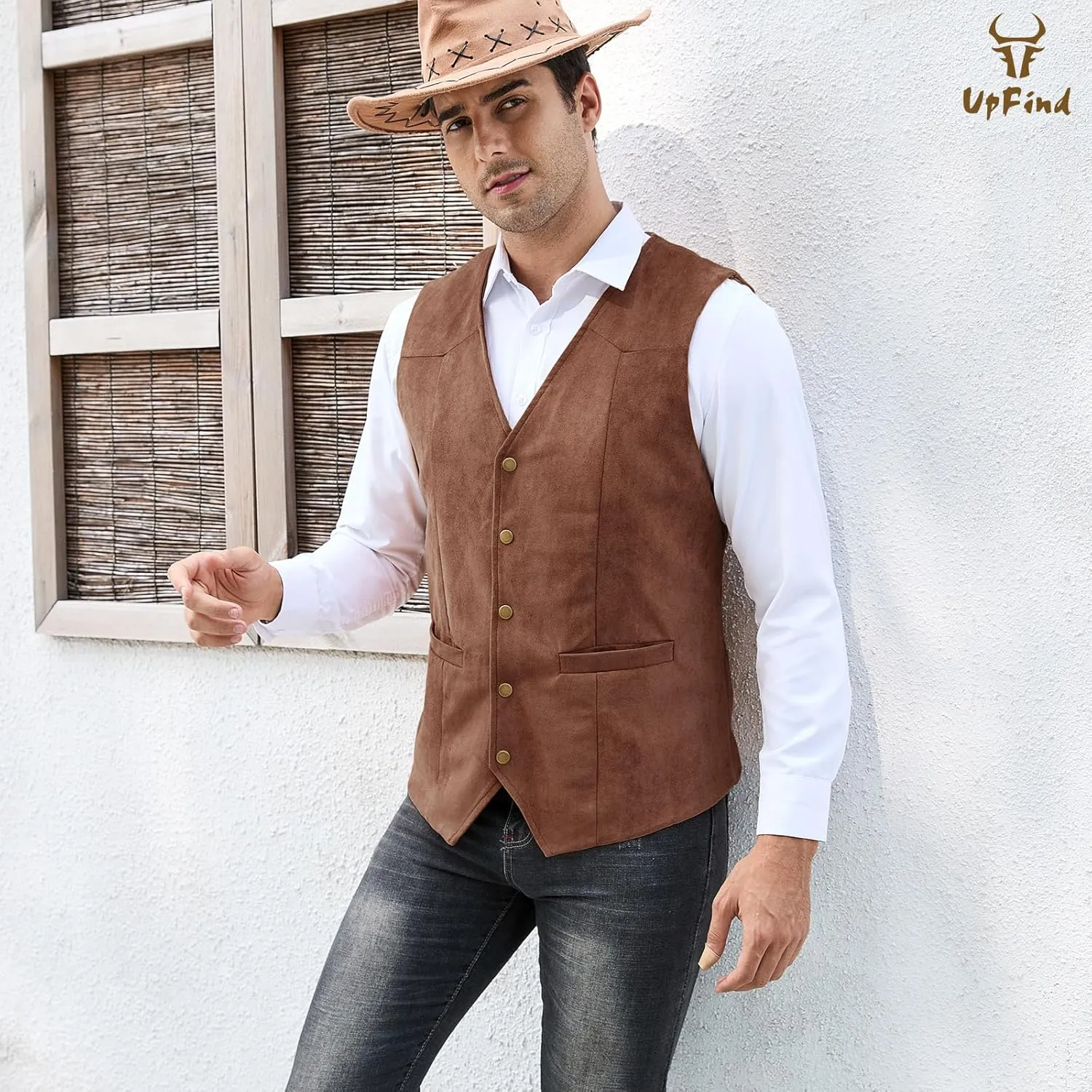 Men's Suede Leather Suit Vest V Neck Cowboy Vest Vintage 5 Snaps Western Vests Casual Waistcoat for Wedding Prom