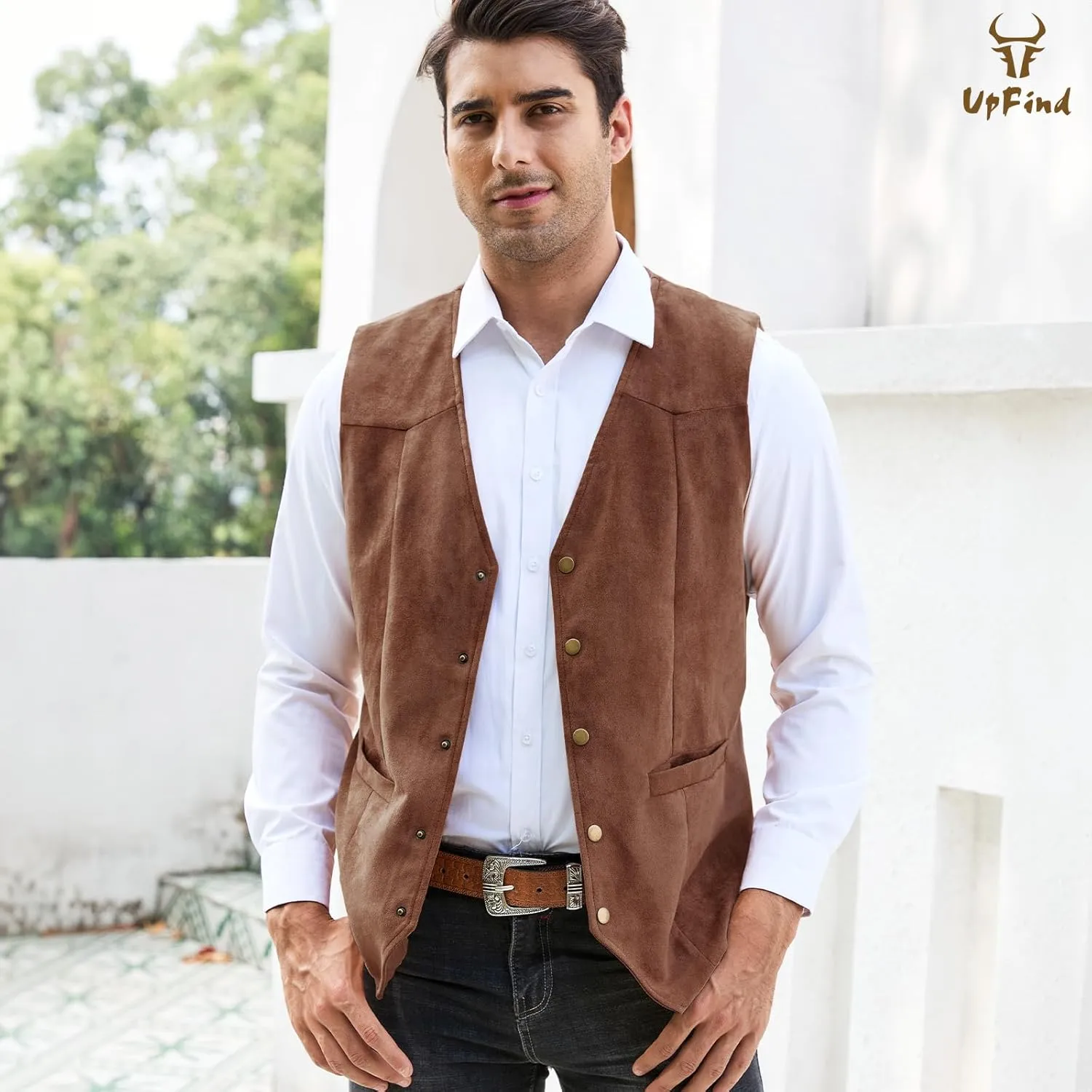 Men's Suede Leather Suit Vest V Neck Cowboy Vest Vintage 5 Snaps Western Vests Casual Waistcoat for Wedding Prom