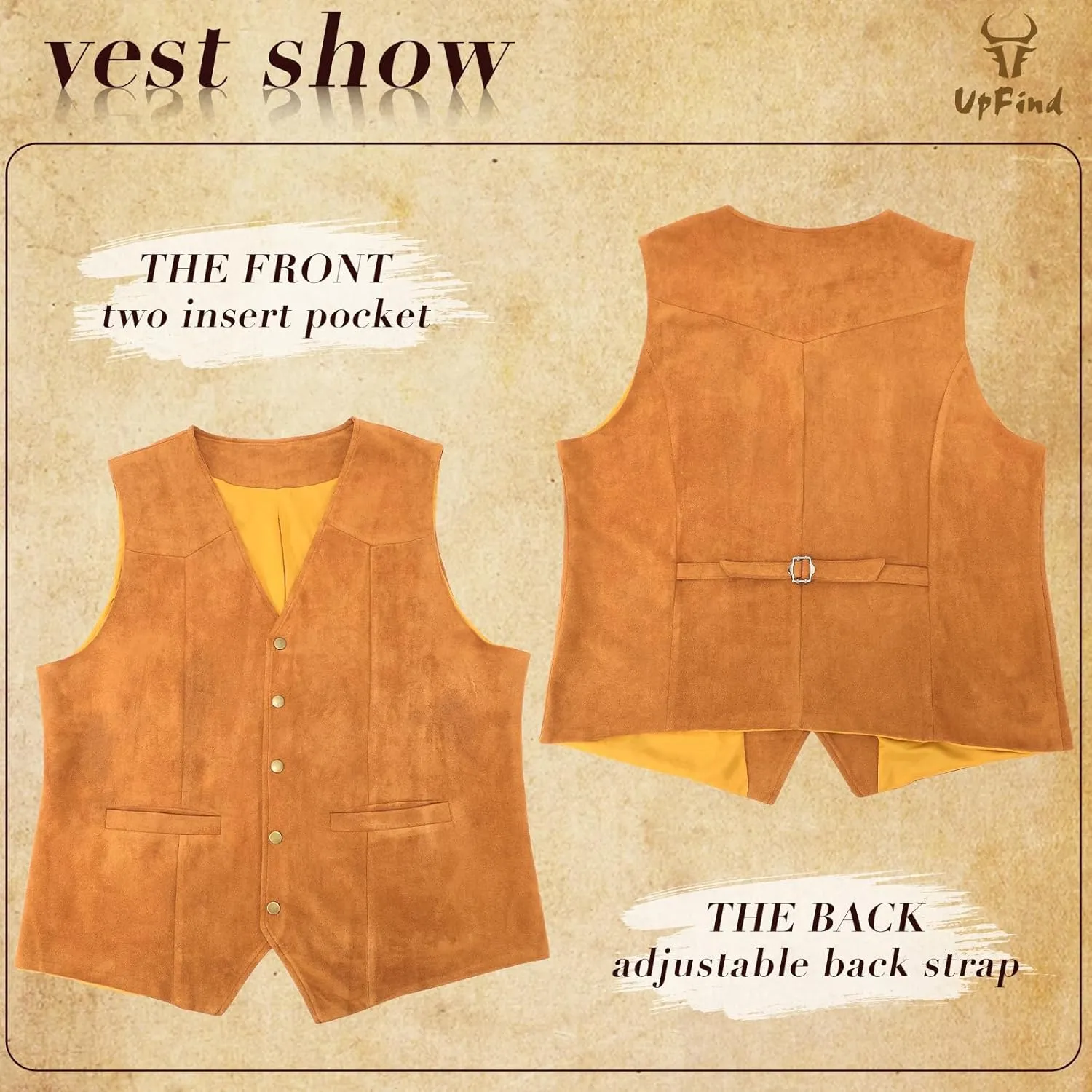 Men's Suede Leather Suit Vest V Neck Cowboy Vest Vintage 5 Snaps Western Vests Casual Waistcoat for Wedding Prom