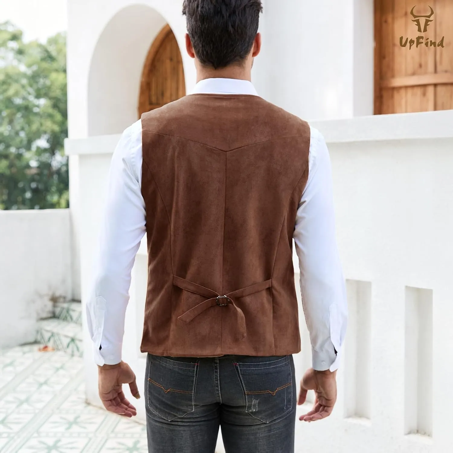 Men's Suede Leather Suit Vest V Neck Cowboy Vest Vintage 5 Snaps Western Vests Casual Waistcoat for Wedding Prom