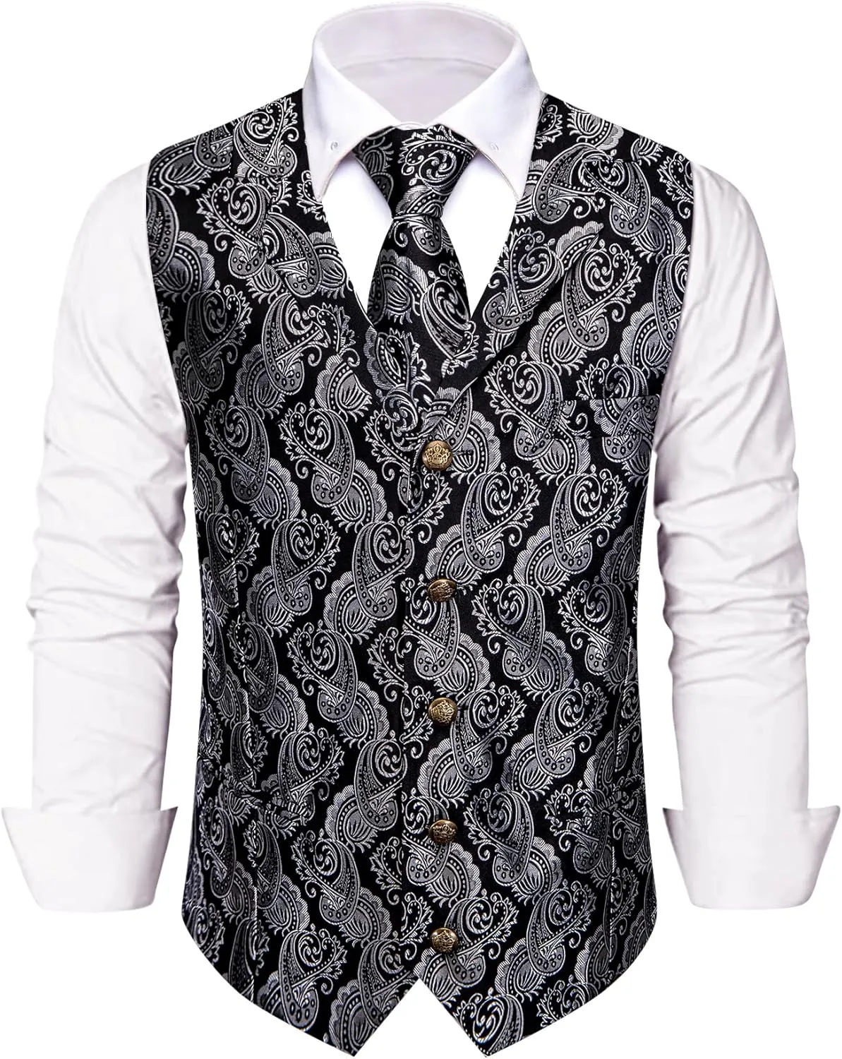 Mens Suit Vest 4PC Silk Paisley Vest with Necktie Pocket Square Cufflinks Formal Woven Waistcoat for Suit Tuxedo