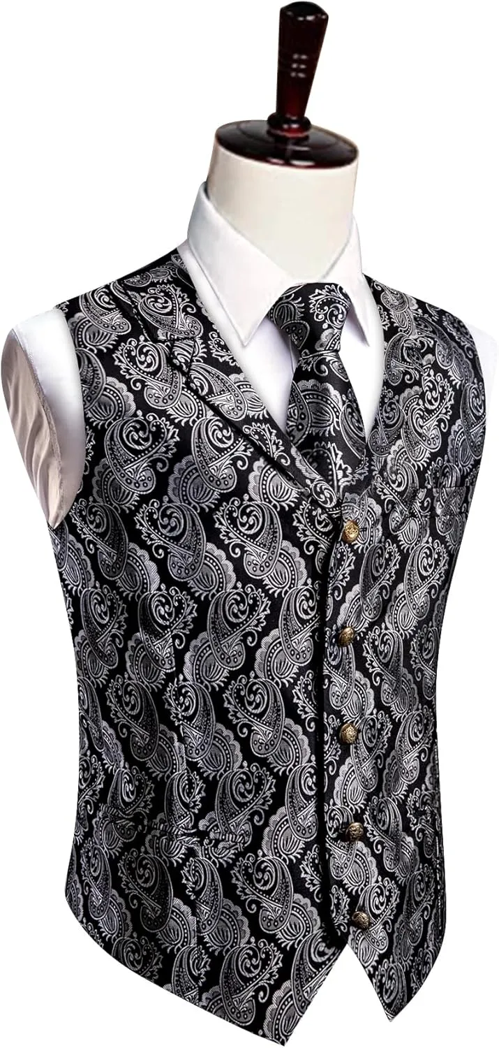 Mens Suit Vest 4PC Silk Paisley Vest with Necktie Pocket Square Cufflinks Formal Woven Waistcoat for Suit Tuxedo