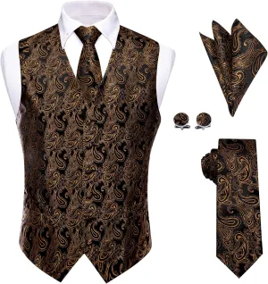 Mens Suit Vest 4PC Silk Paisley Vest with Necktie Pocket Square Cufflinks Formal Woven Waistcoat for Suit Tuxedo