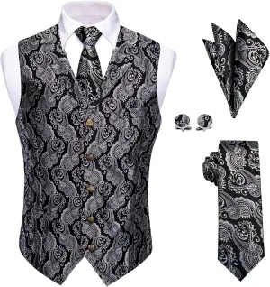 Mens Suit Vest 4PC Silk Paisley Vest with Necktie Pocket Square Cufflinks Formal Woven Waistcoat for Suit Tuxedo